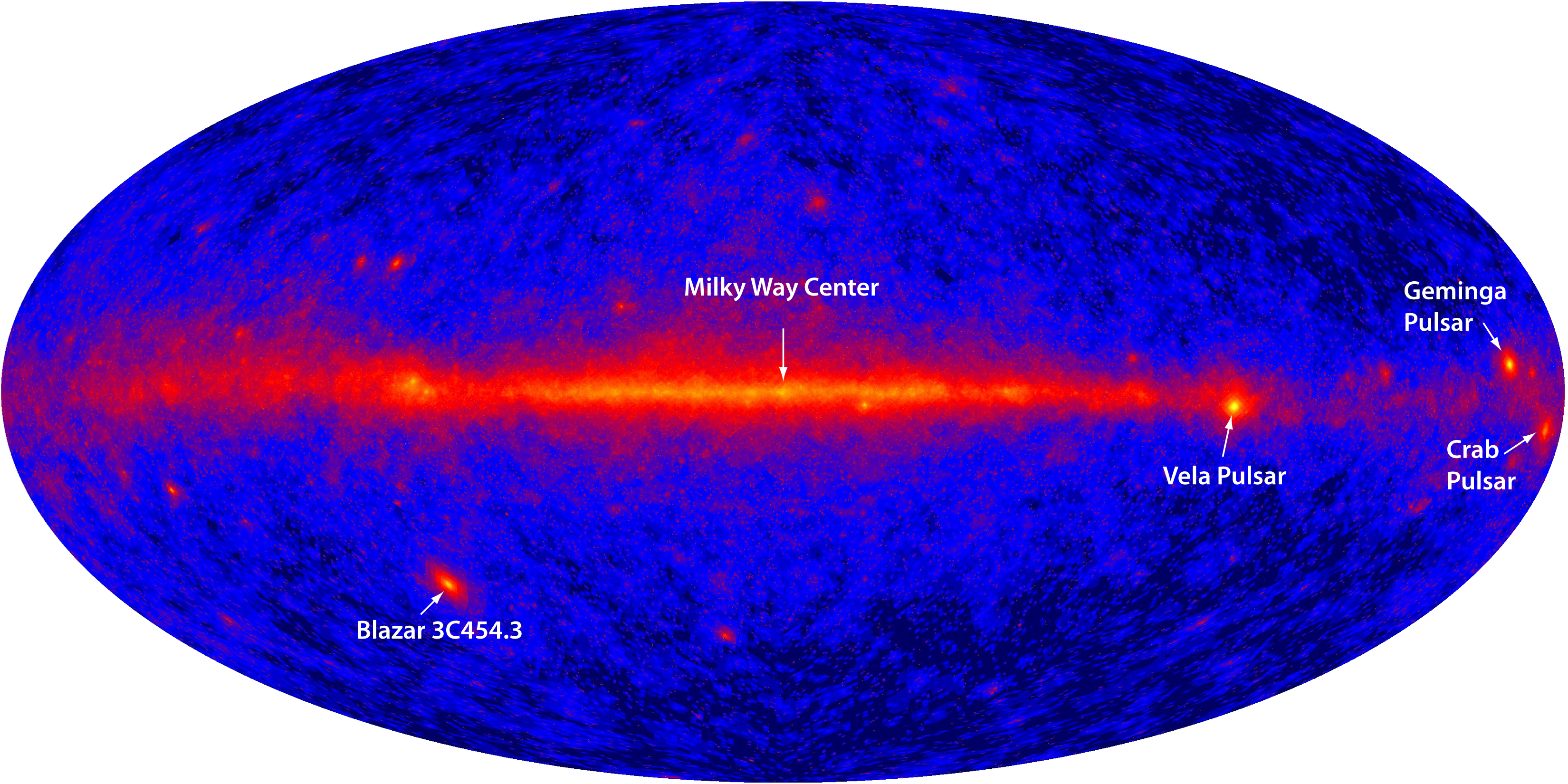 This all-sky view from GLAST (now Fermi) reveals bright gamma-ray emission in the plane of the Milky Way (center), bright pulsars and super-massive black holes The vele pulsars is very large and bright in this version.