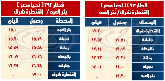 مواعيد القطارات على خطي القنطرة شرق / بئر العبد و بشتيل / كفر داوود / السادات 3 مواعيد القطارات على خطي القنطرة شرق / بئر العبد و بشتيل / كفر داوود / السادات