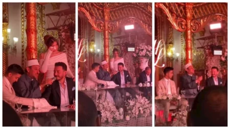 شاهد بكاء أحمد زاهر وابنته ملك أثناء عقد قران هشام جمال وليلى زاهر (فيديو وصور)