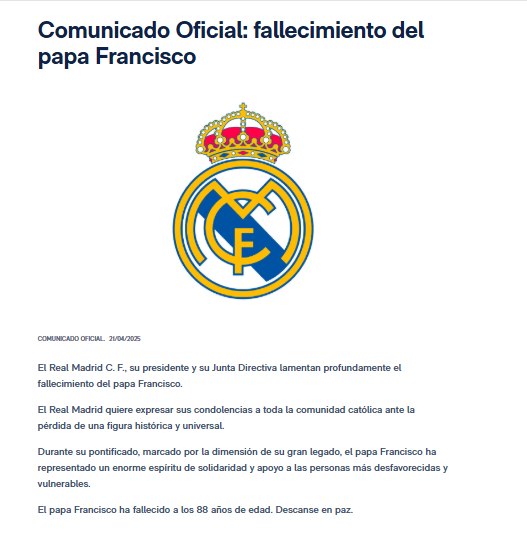 ريال مدريد ينعى البابا فرانسيس ويقف دقيقة حدادا في المران 1 ريال مدريد ينعى البابا فرانسيس ويقف دقيقة حدادا في المران