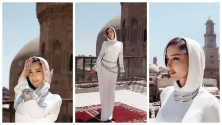 "فستان أبيض وغطاء رأس".. أحدث ظهور لـ بسمة بوسيل في مصر القديمة