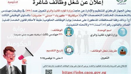 "التنظيم والإدارة" يعلن عن مسابقة لشغل 330 وظيفة مهندس بوزارة الموارد المائية