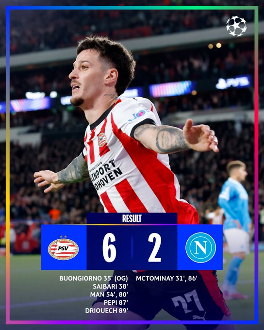 آيندهوفن يكتسح نابولي بسداسية في ليلة أوروبية تاريخية