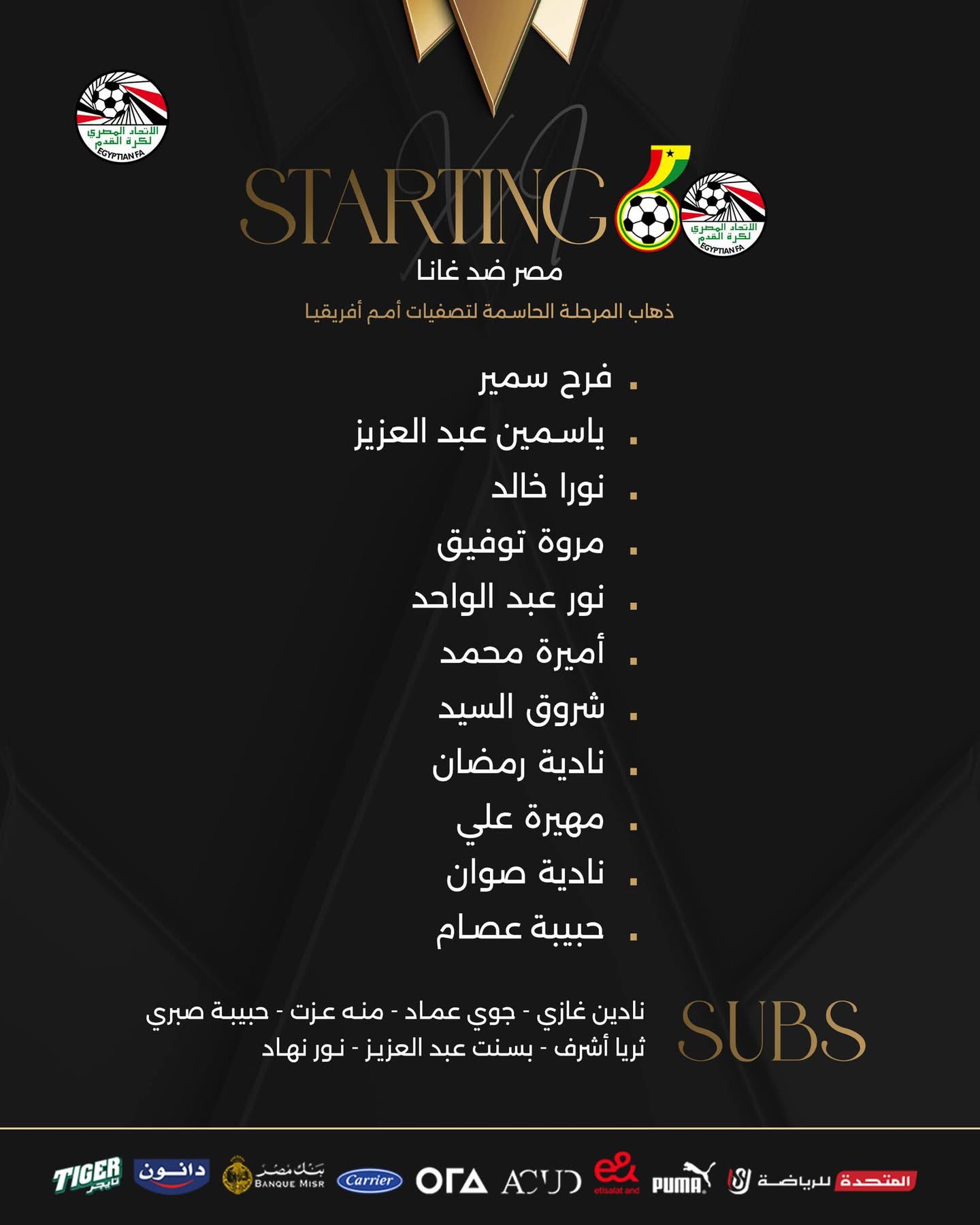 التشكيل الرسمي لمنتخب مصر للسيدات أمام غانا في تصفيات أمم إفريقيا