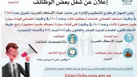 تفاصيل مسابقة تعيين 4000 موظف بهيئة الإسعاف المصرية.. الشروط ومواعيد وطريقة التقديم
