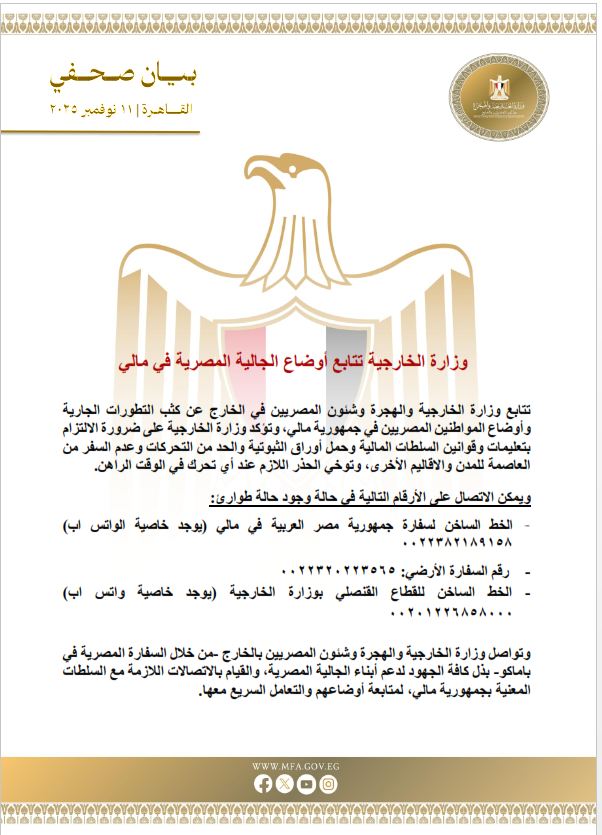 وزارة الخارجية تتابع أوضاع الجالية المصرية في مالي