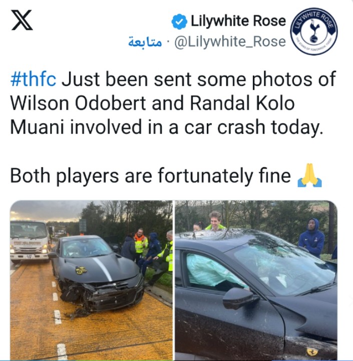 حادث سير يثير القلق في توتنهام.. ونجاة أودوبير وكولو مواني دون إصابات 1 حادث سير يثير القلق في توتنهام.. ونجاة أودوبير وكولو مواني دون إصابات