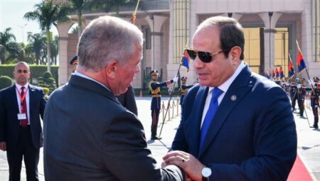 السيسي يودع ملك الأردن بمطار القاهرة عقب القمة المشتركة السيسي يودع ملك الأردن بمطار القاهرة عقب القمة المشتركة