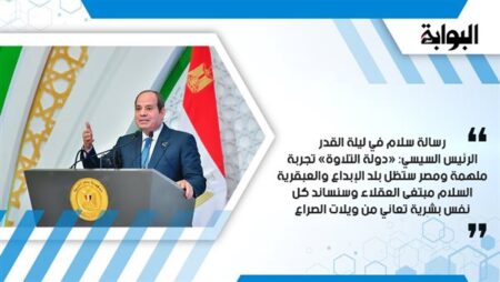 رسالة سلام في ليلة القدر.. الرئيس السيسي: «دولة التلاوة» تجربة ملهمة ومصر ستظل بلد الإبداع والعبقرية.. السلام مبتغى العقلاء وسنساند كل نفس بشرية تعاني من ويلات الصراع