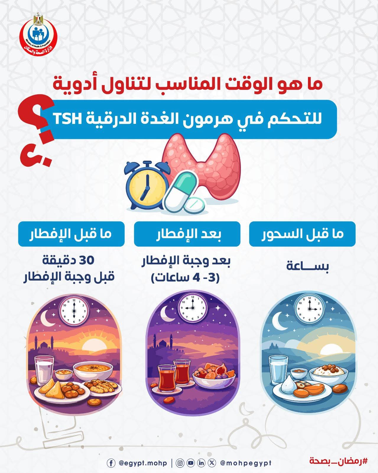 وزارة الصحة توضح أفضل مواعيد تناول أدوية الغدة الدرقية خلال شهر رمضان