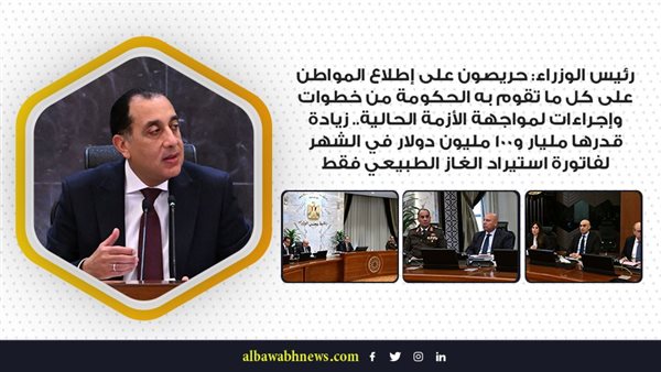 رئيس الوزراء: حريصون على إطلاع المواطن على كل ما تقوم به الحكومة من خطوات وإجراءات لمواجهة الأزمة الحالية.. زيادة قدرها مليار و100 مليون دولار في الشهر لفاتورة استيراد الغاز الطبيعي فقط رئيس الوزراء: حريصون على إطلاع المواطن على كل ما تقوم به الحكومة من خطوات وإجراءات لمواجهة الأزمة الحالية.. زيادة قدرها مليار و100 مليون دولار في الشهر لفاتورة استيراد الغاز الطبيعي فقط