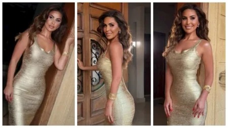 بفستان ذهبي أنيق.. مي سليم تتألق في أحدث جلسة تصوير