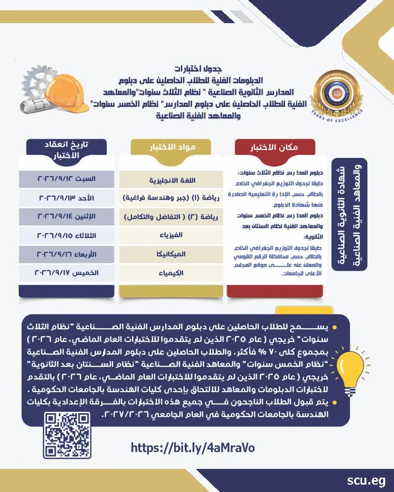 موعد وأماكن اختبارات الدبلومات الفنية والمعاهد للقبول بالكليات