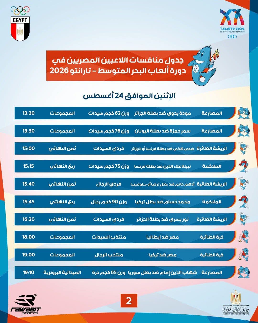 مواعيد ومنافسات المصريين اليوم في دورة ألعاب البحر المتوسط بإيطاليا 2 مواعيد ومنافسات المصريين اليوم في دورة ألعاب البحر المتوسط بإيطاليا