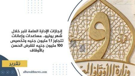 إنجازات الإدارة العامة للبر خلال شهر يوليو.. مساعدات وإعانات تتجاوز 1.1 مليون جنيه وتخصيص 100 مليون جنيه للقرض الحسن بالأوقاف