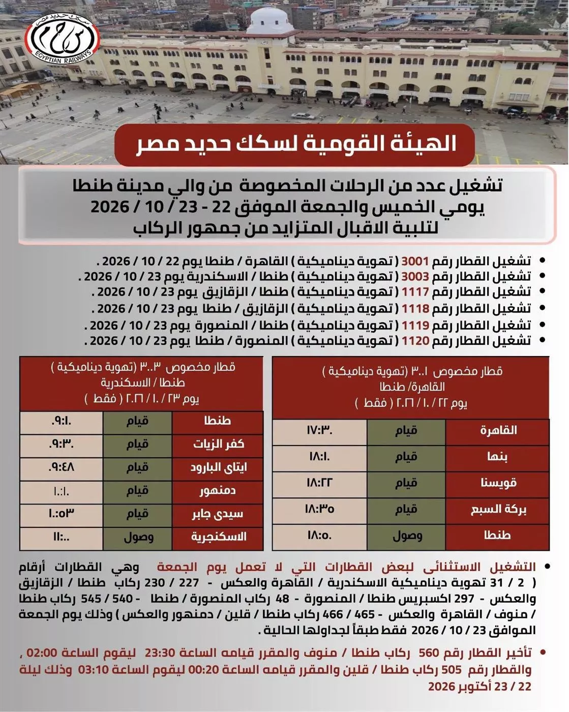 اليوم، السكة الحديد تواصل تشغيل القطارات الإضافية لخدمة زوار مولد السيد البدوي بطنطا 1 اليوم، السكة الحديد تواصل تشغيل القطارات الإضافية لخدمة زوار مولد السيد البدوي بطنطا